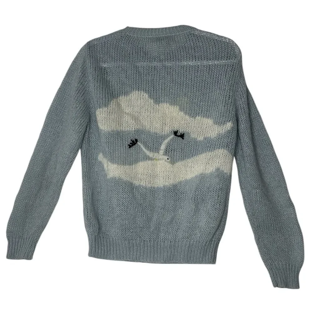 Vintage Ades Of California Women's Sweater XL Birds Cloud Beach Outdoor Y2K Blue - Picture 2 of 10